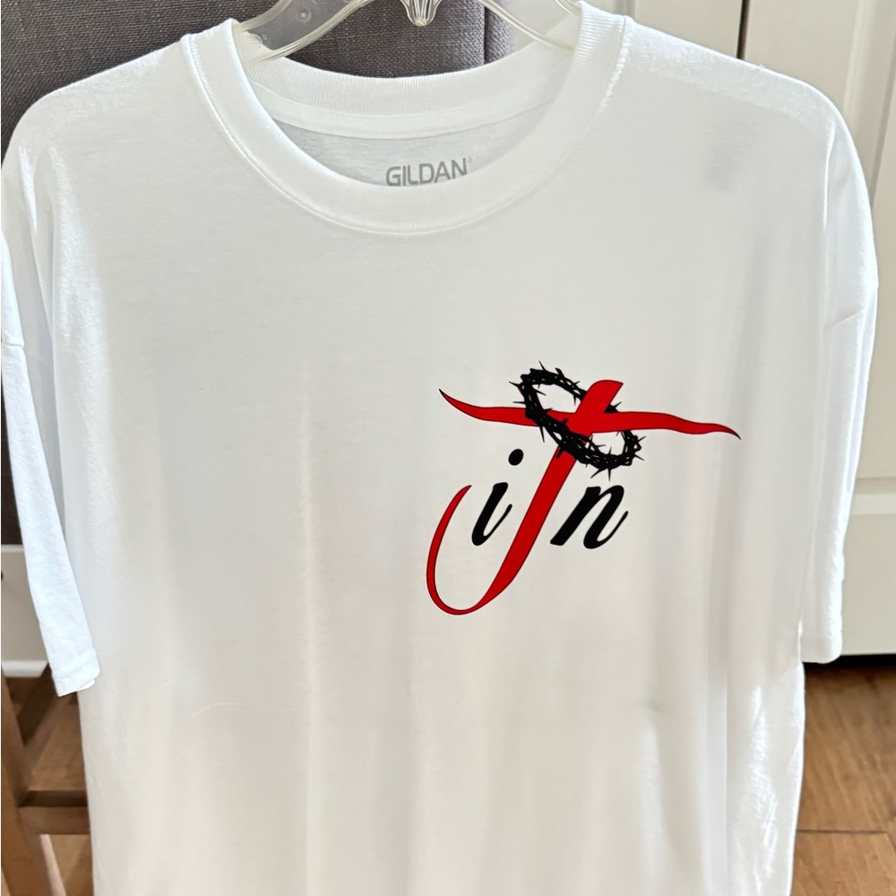 Gildan White Tee with Red and Black Graphic